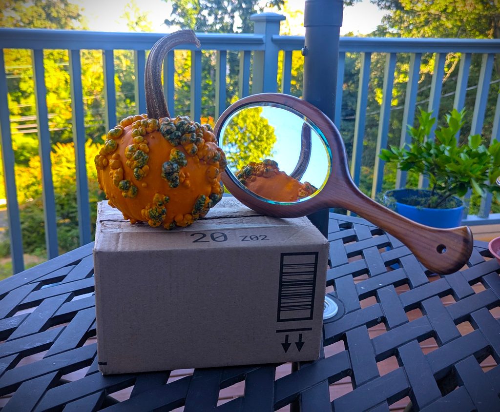 photo of a pumpkin, a hand mirror, on a brown shipping box